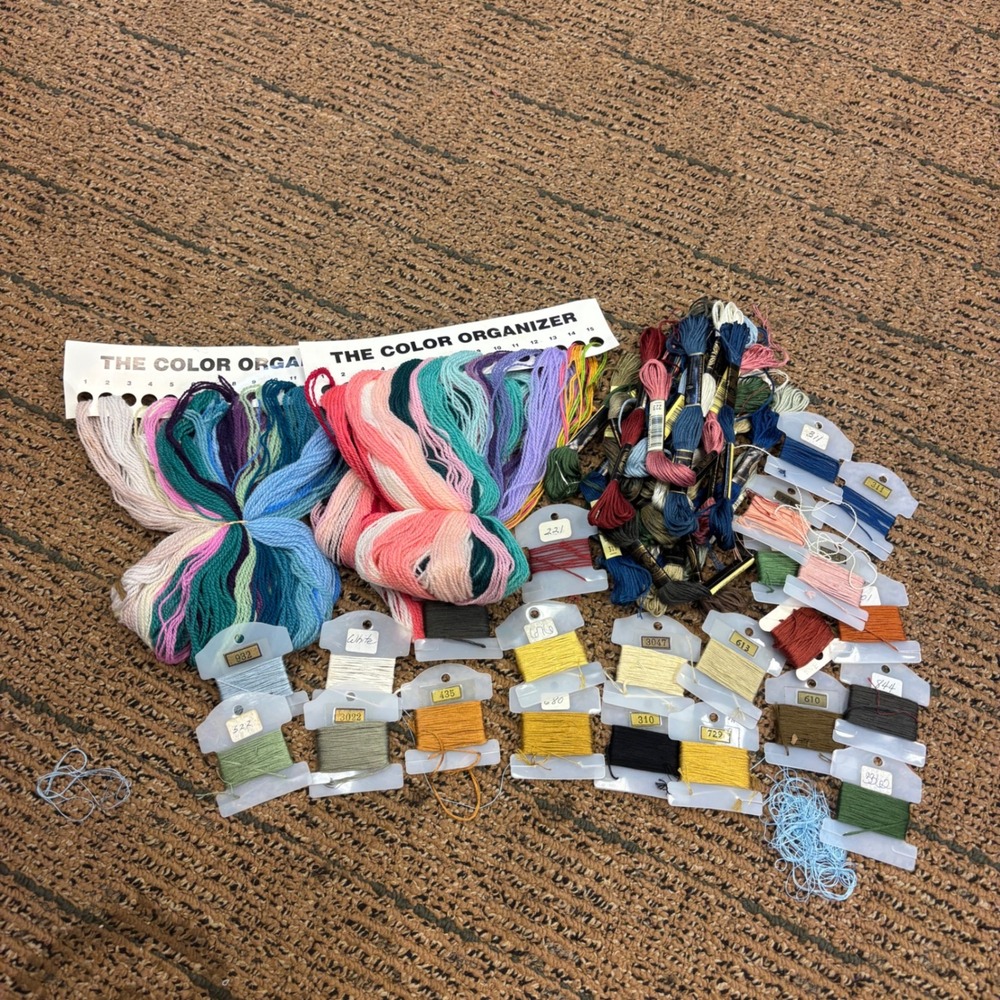 Mixed Embroidery Floss and Needlepoint Yarn Lot DMC Bobbins Color Organizer
